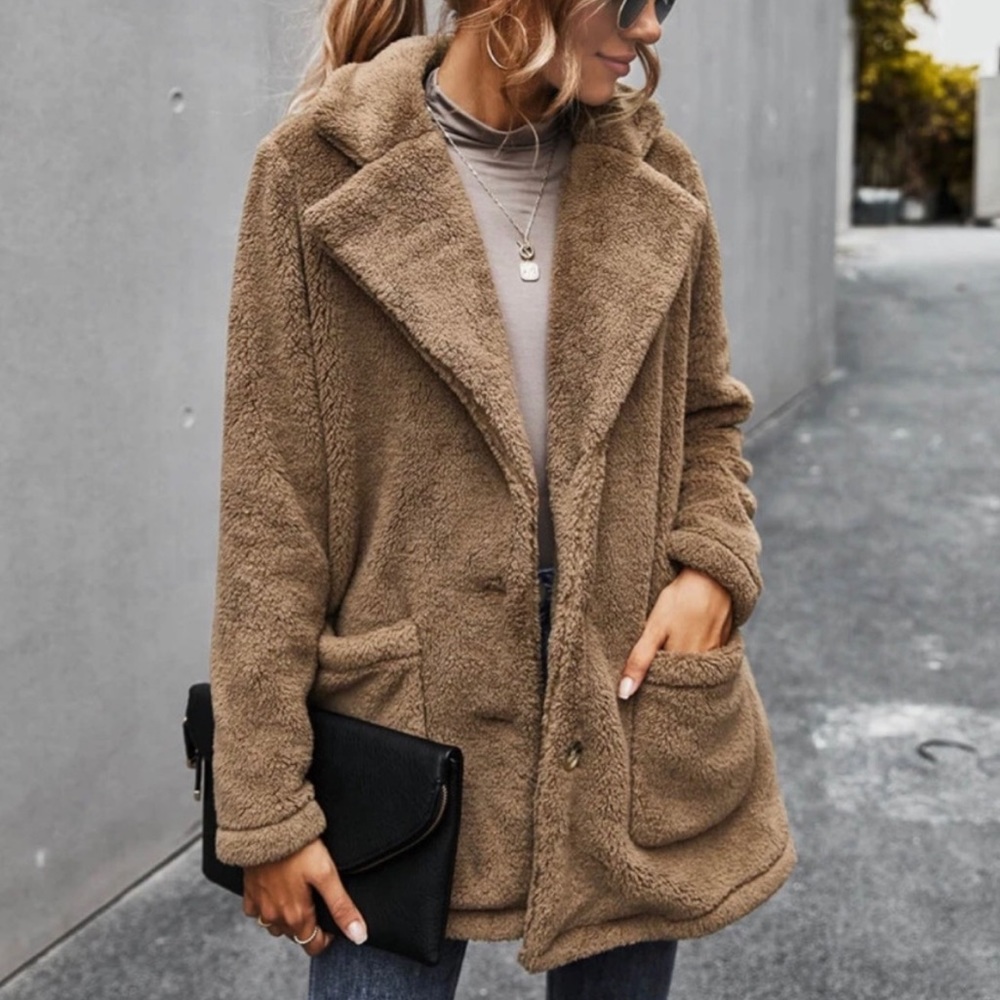 Black comfy button pocket teddy jacket coat - Picture 10 of 14